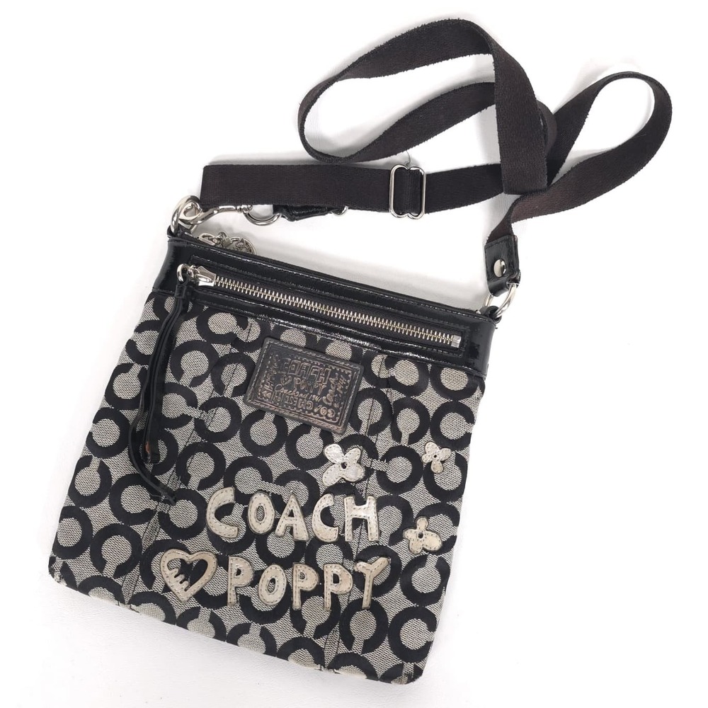 COACH Women's Crossbody Signature‎ Black Jacquard Patent Trim Bag